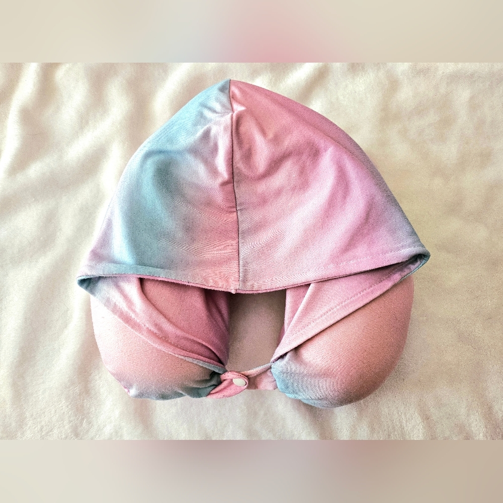 [SOLD] Typo Baby Pink Aqua Ombre Hooded Travel Pillow